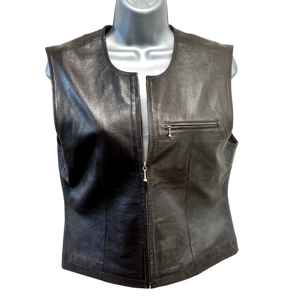 Saguaro West Trading Co. 1990's Soft Supple Dark Brown Leather Zip-up Vest-Small - Picture 1 of 8